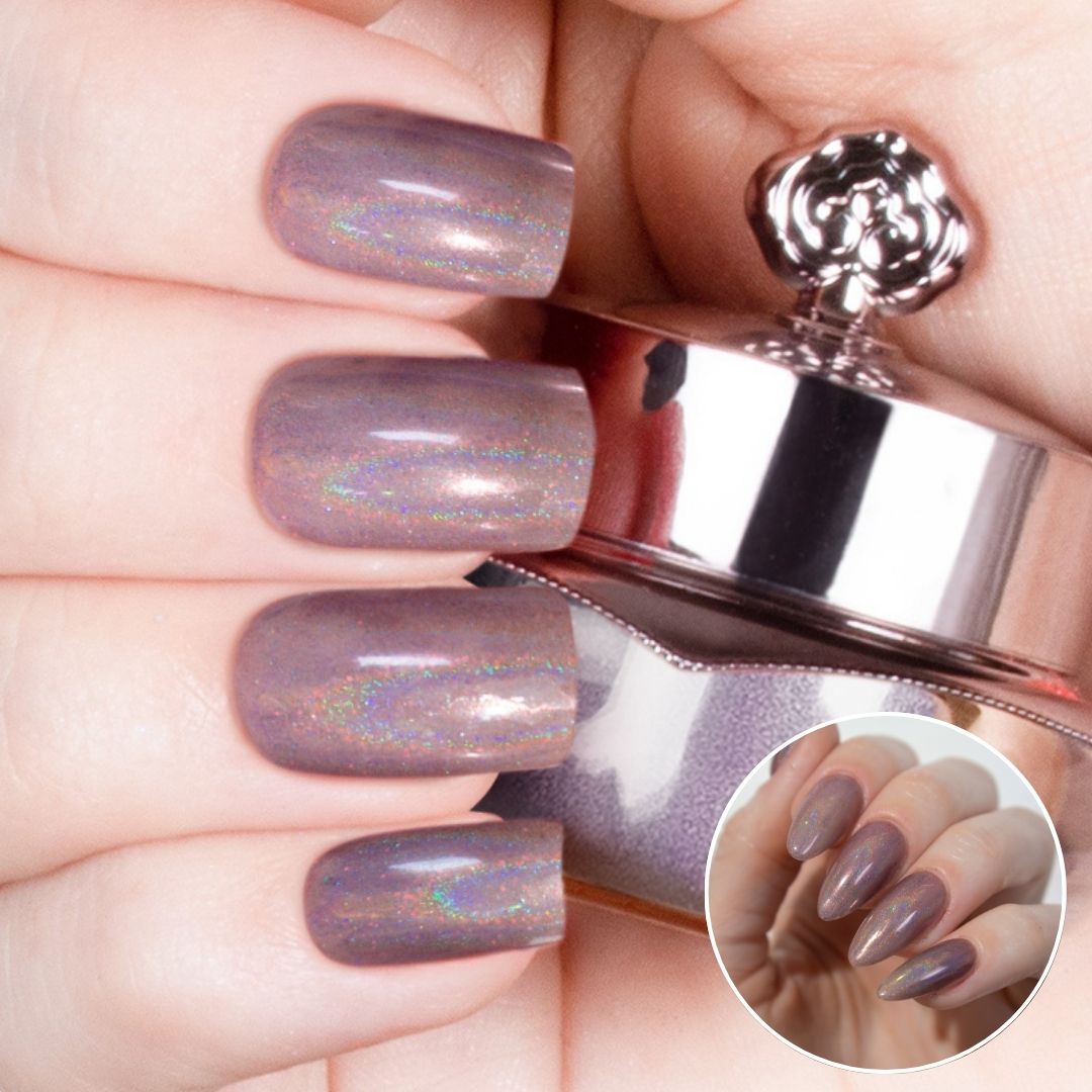 Nails featuring a smoky purple holographic powder with intense sparkle and multidimensional shine.