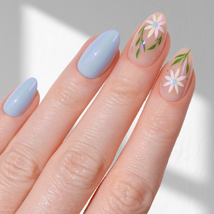 Bluebell Prism - Almond Sustainable Nails — tight close-up of the nail design
